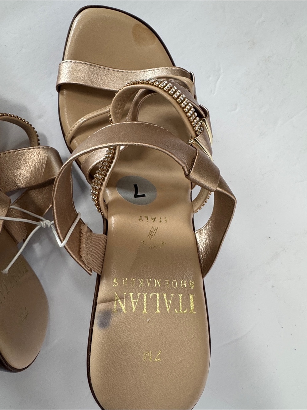 Italian Shoemakers Metallic Gold Wedge Sandals with Rhinestone Straps - Picture 14 of 14